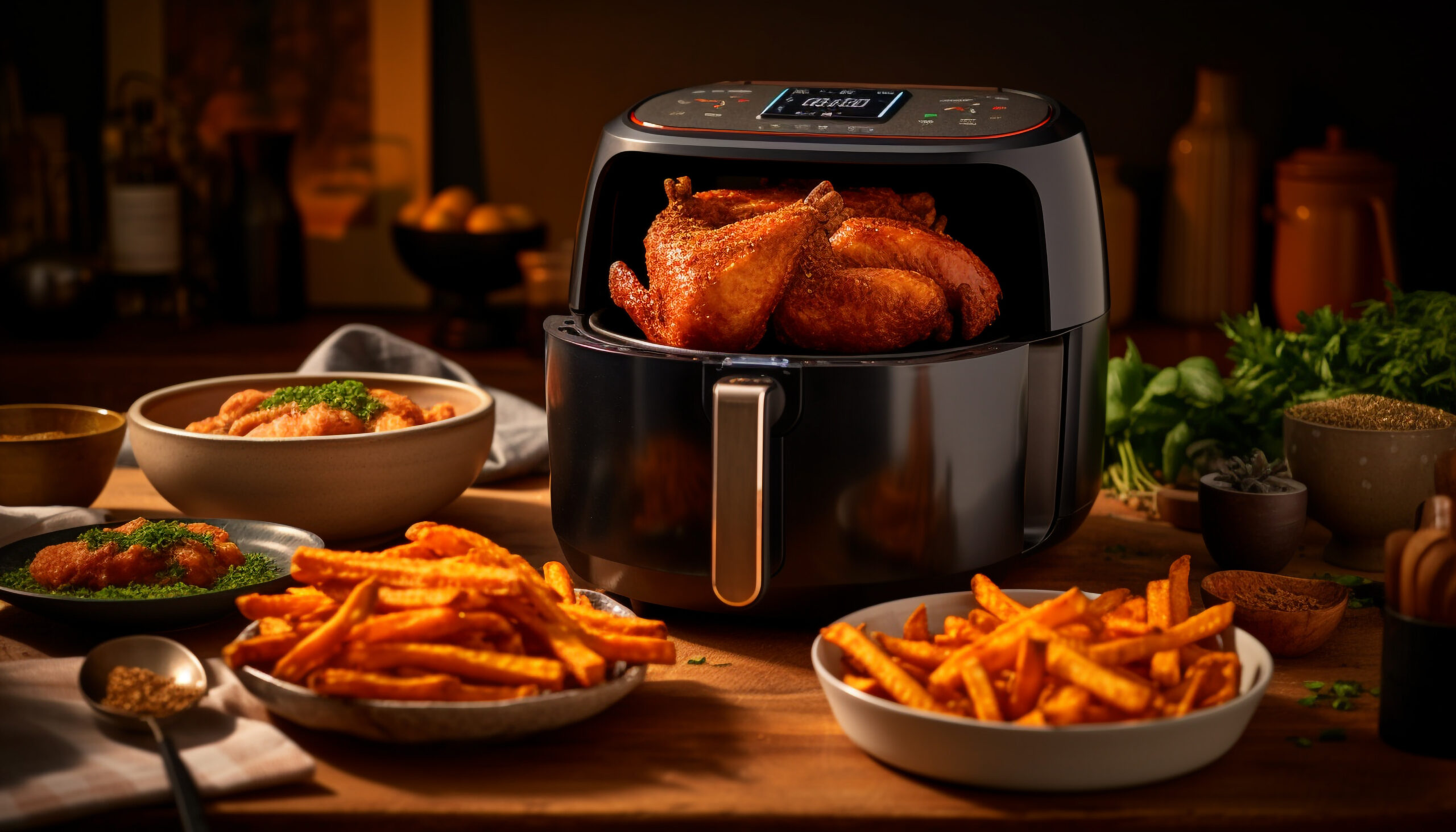 Crispy French fries cooking in an air fryer